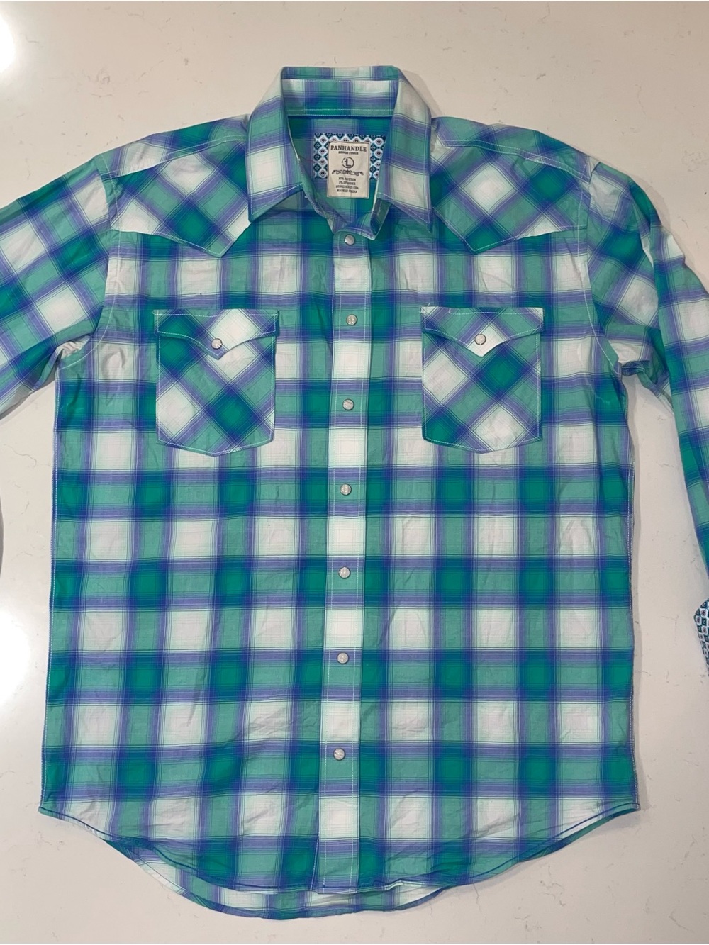Panhandle Men's Blue & Green Plaid Western Shirt Pearl Snap large